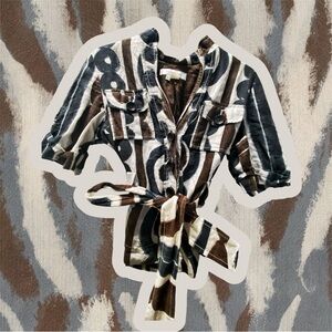 ZARA BASIC Printed Linen Tie Waist Shirt – Brown / Cream / Black – Size S